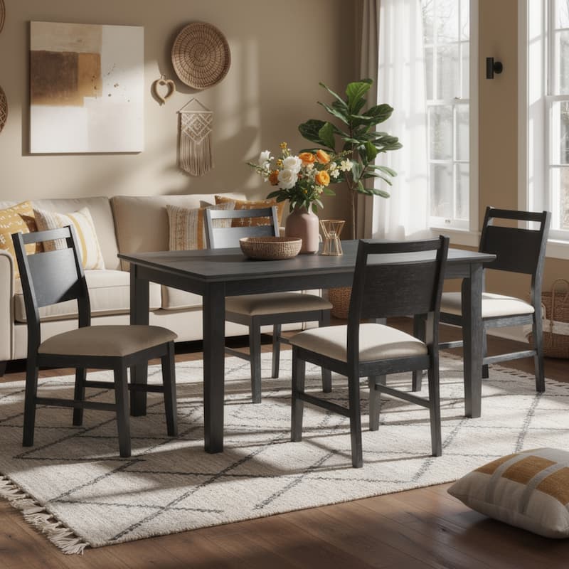 Saby 5pc Dining Table Set, 4 Side Chairs, Black Rubberwood, Light Brown