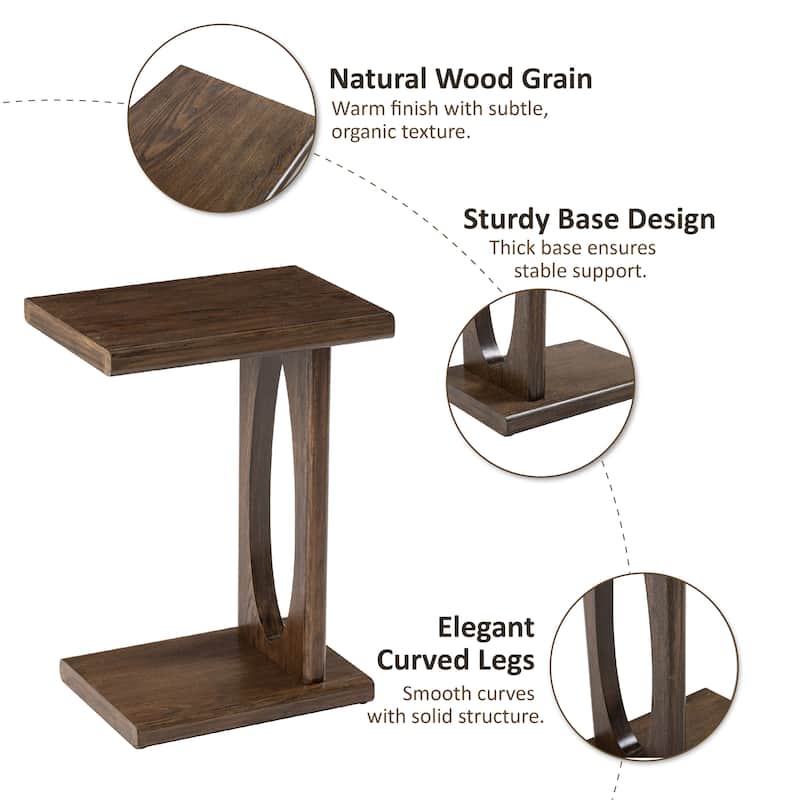 COZAYH Rustic C-Shaped End Table, Compact Snack Couch Side Table with Wooden Frame, Warm Brown Wood Finish