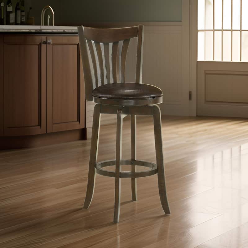 Ethan Swivel Barstool Chair, Dark Brown Faux Leather, Slatted Back Hardwood