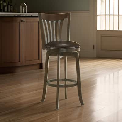 Ethan Swivel Barstool Chair, Dark Brown Faux Leather, Slatted Back Hardwood