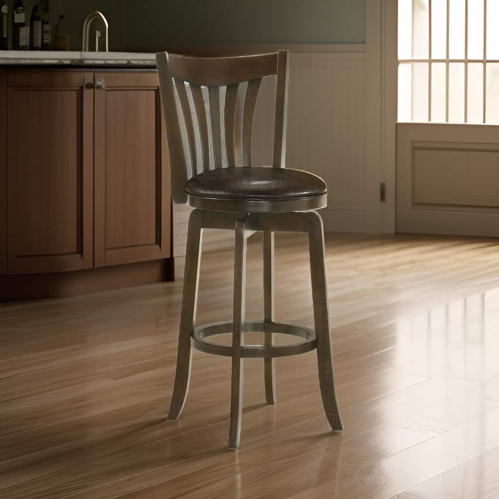 Ethan Swivel Barstool Chair, Dark Brown Faux Leather, Slatted Back Hardwood