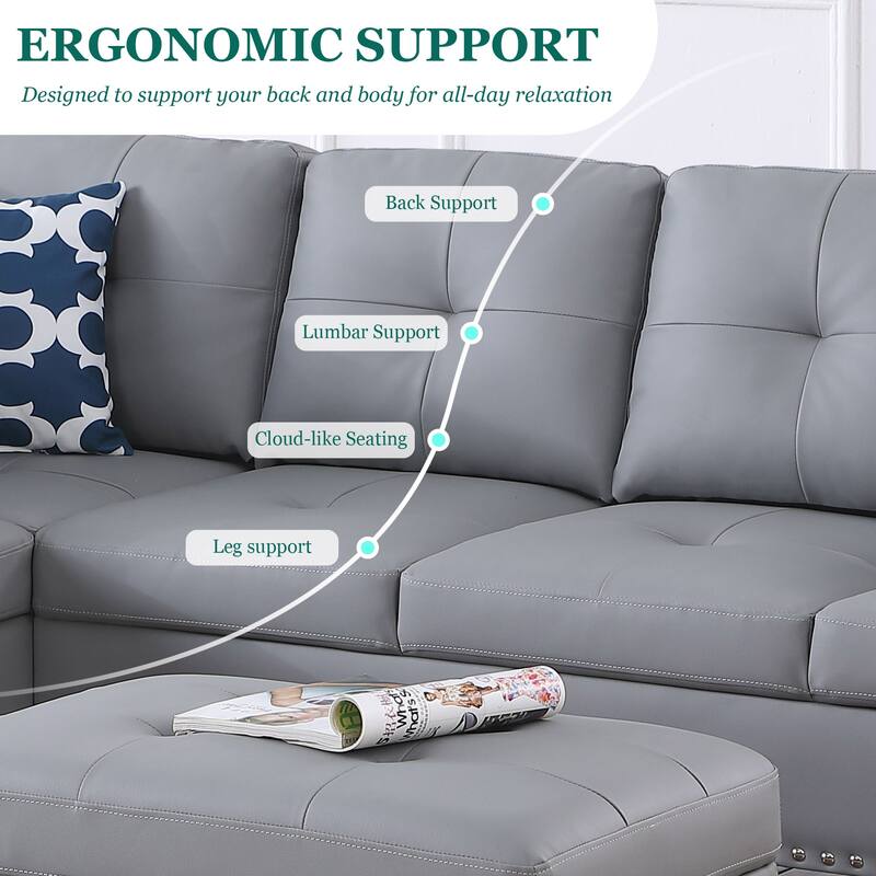 HOMEFUN Linen/Leather Upholstered L-Shaped 4-seater Multifunctional Sectional Sofa with Storage Ottoman,Cup Holder