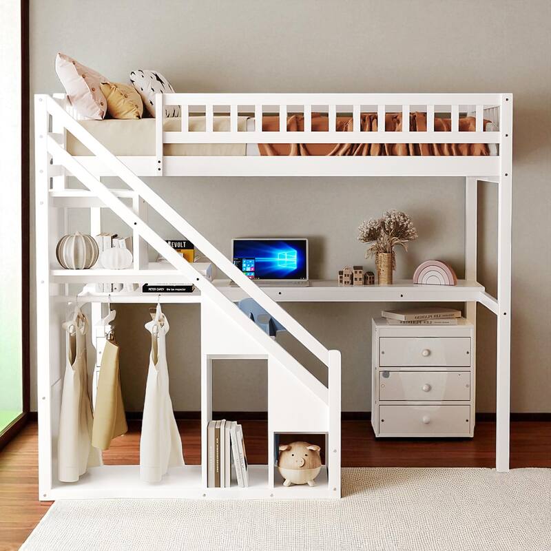 Twin/Full Loft Bed with Desk, 2 Storage Drawers, LED Light Strip, Side Stairs, Study & Space-Saving Design - White - Twin