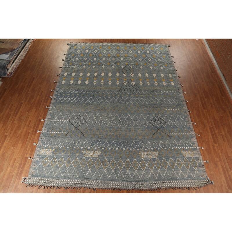Grey Blue Moroccan Palace Size Area Rug Hand-Knotted Wool Carpet - 11'10"x 16'5"
