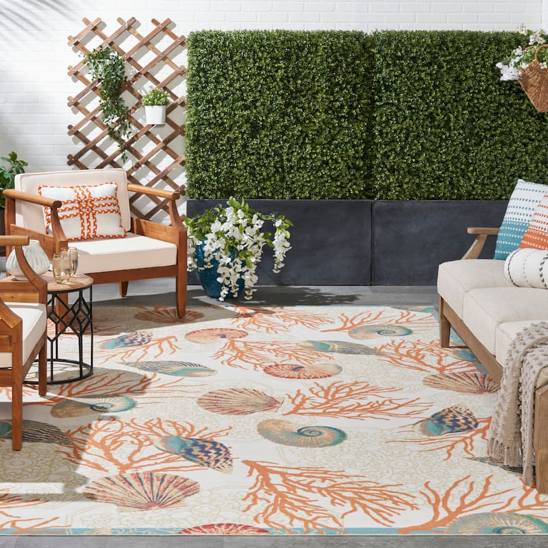 Waverly Sun & Shade Shore Thing Tropical Sea Shell Floral Indoor Outdoor Area Rug - 6'6" x 9'6" - Ivory/Multi