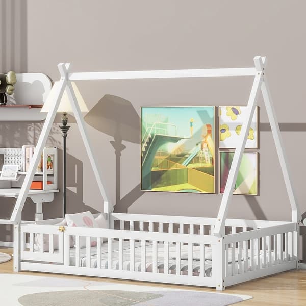 slide 2 of 21, Full Size Tent-shaped Floor Bed with Safety Guard Rails, Solid Wood Slats, Door Panel Bed Frame for Kids, Teens, Girls, Boys White