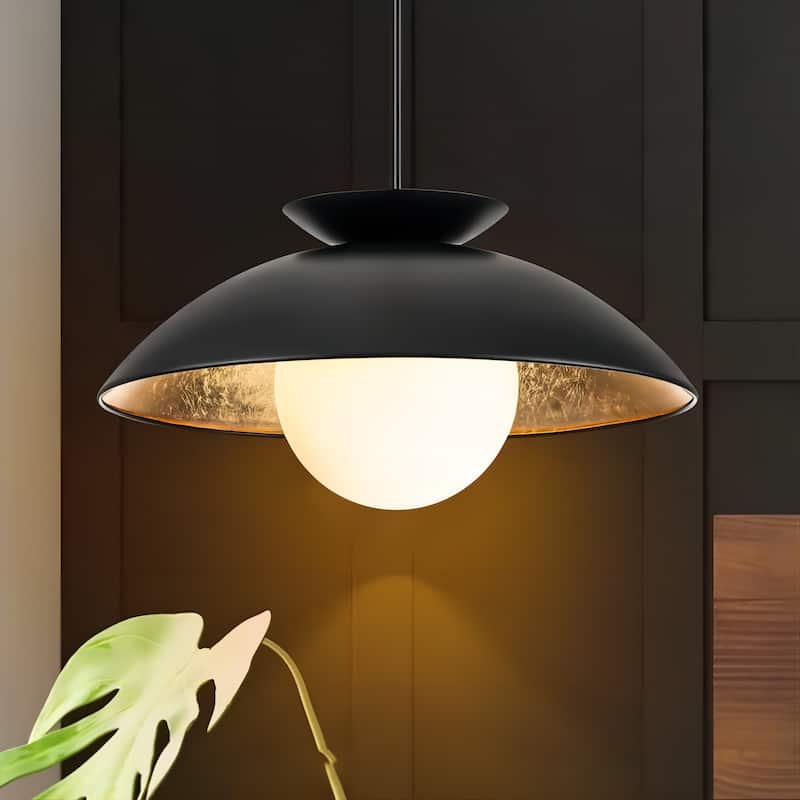 1-Light Modern Farmhouse White/ Black Dome Gold Leaf Wood Pendant with Opal Glass Globe