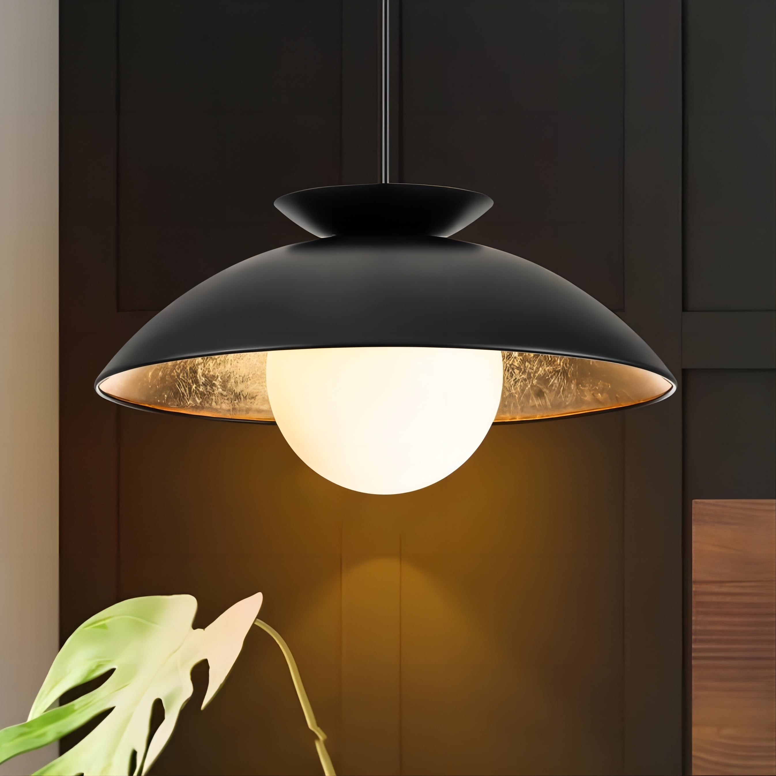1-Light Modern Farmhouse White/ Black Dome Gold Leaf Wood Pendant with Opal Glass Globe