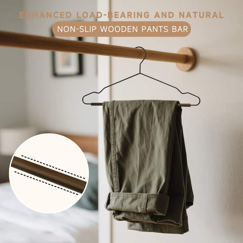 BP4U Heavy Duty Metal Clothes Hangers with Pants Bar, Wire Hangers with Beech Wood Trouser Bar for Sweaters, Jackets, Jeans