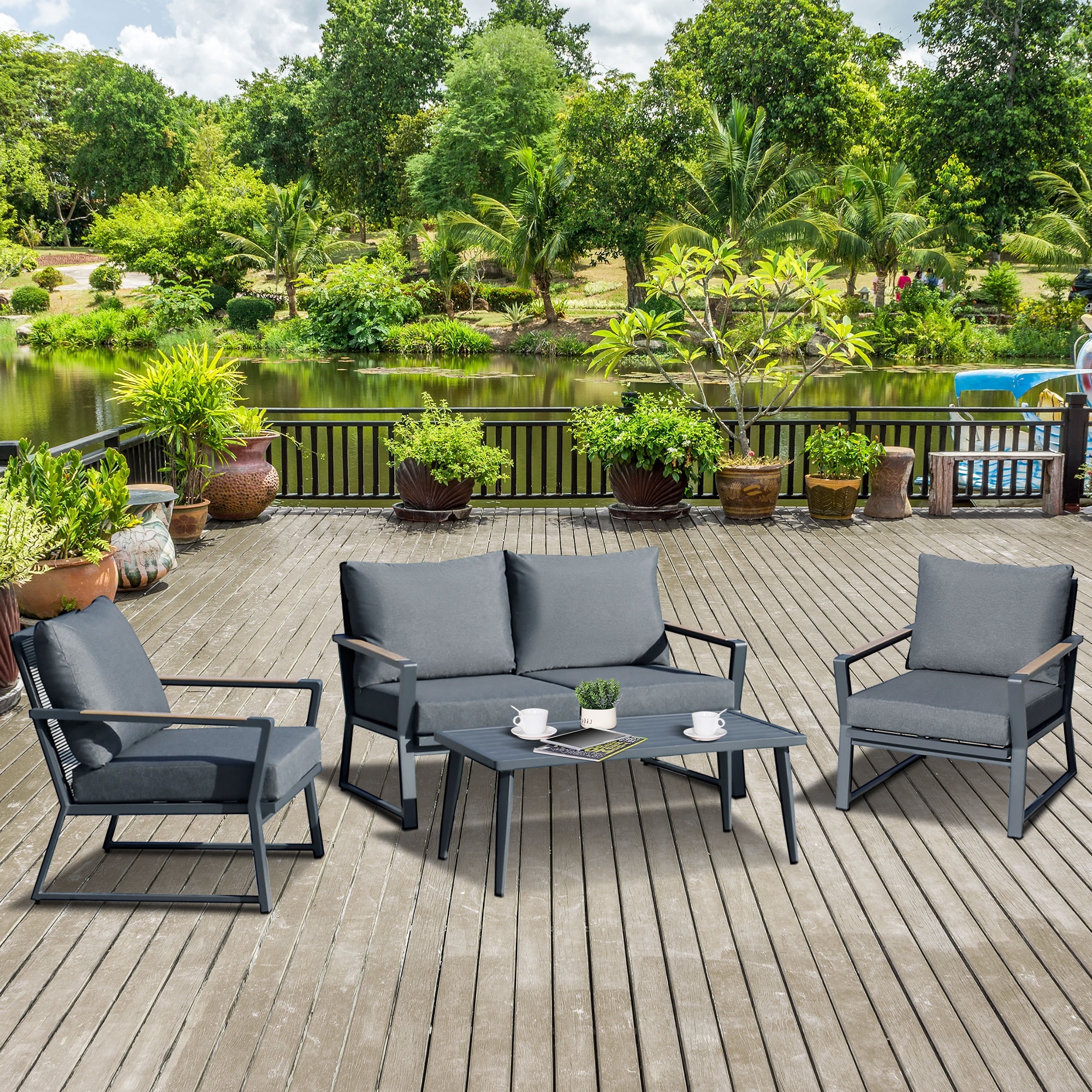 Outsunny 4 Piece Patio Furniture Set Aluminum Conversation Set Outdoor Garden Sofa Set