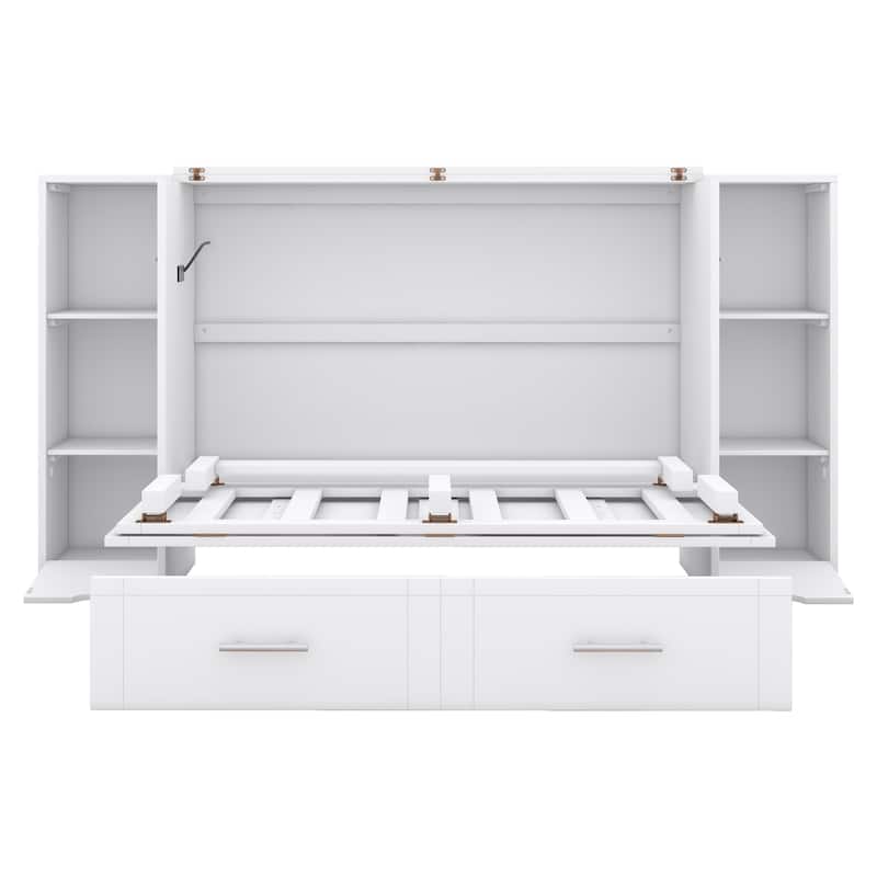 White Full Size Murphy Bed with Shelves, Drawers, and LED Lighting