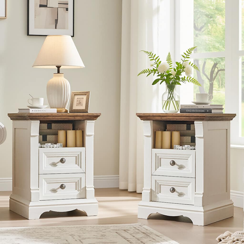 Farmhouse Nightstand Set of 2 with Charging Station, End Table