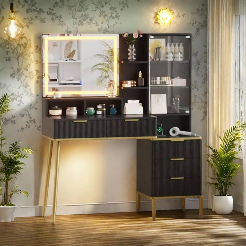 Makeup Vanity Desk with Lighted Mirror, 5 Drawers, Storage Shelves, Power Outlets - Black
