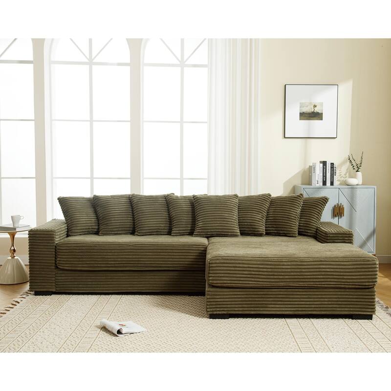 Oversized Two-Piece L Shaped Corduroy Sofa with Right Chaise Daybed, Eight Throw Pillows, Green