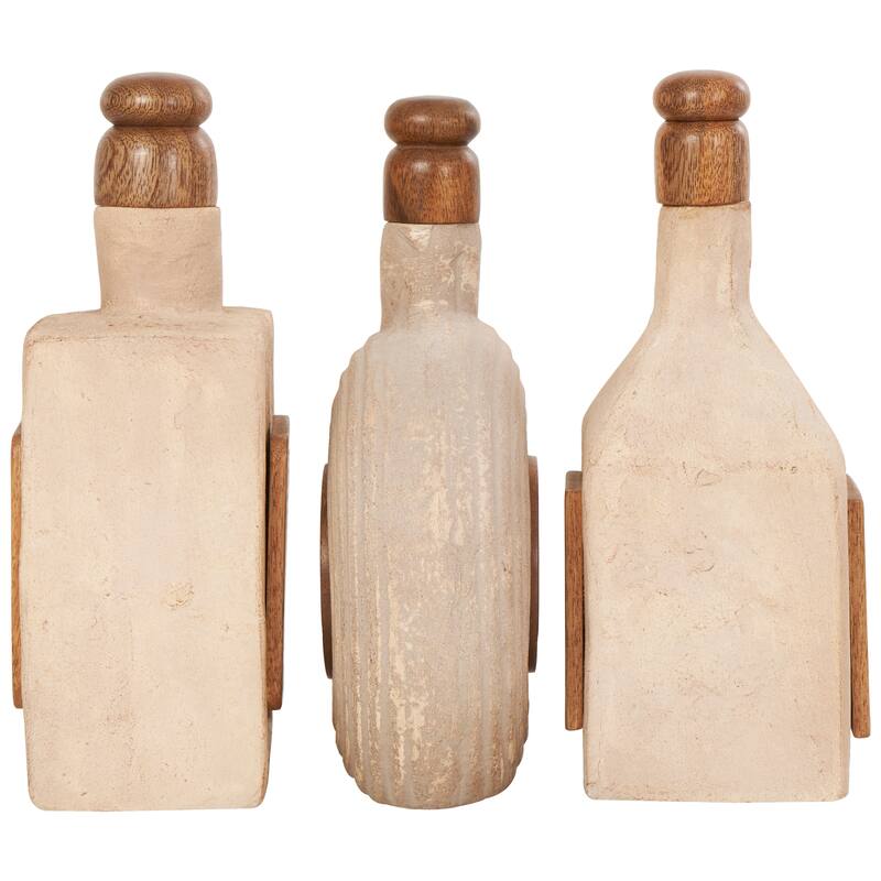 Paper Mache Floral Decorative Jars with Varying Shapes and Carved Wood Etchings - Set of 3 Brown - Roche River Decor