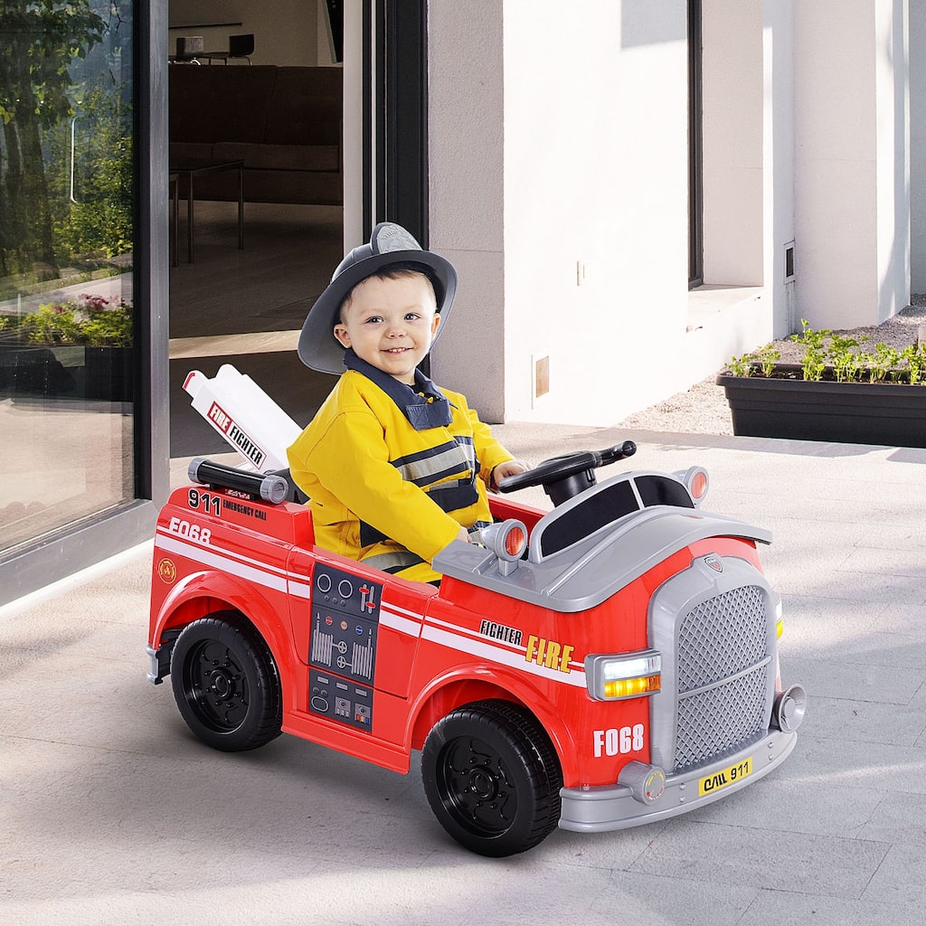Realistic Ride on Fire Truck with Lift, Red Electric Car Toy with Seat Belts, 12V Electric Vehicle with Front and Rear Lights
