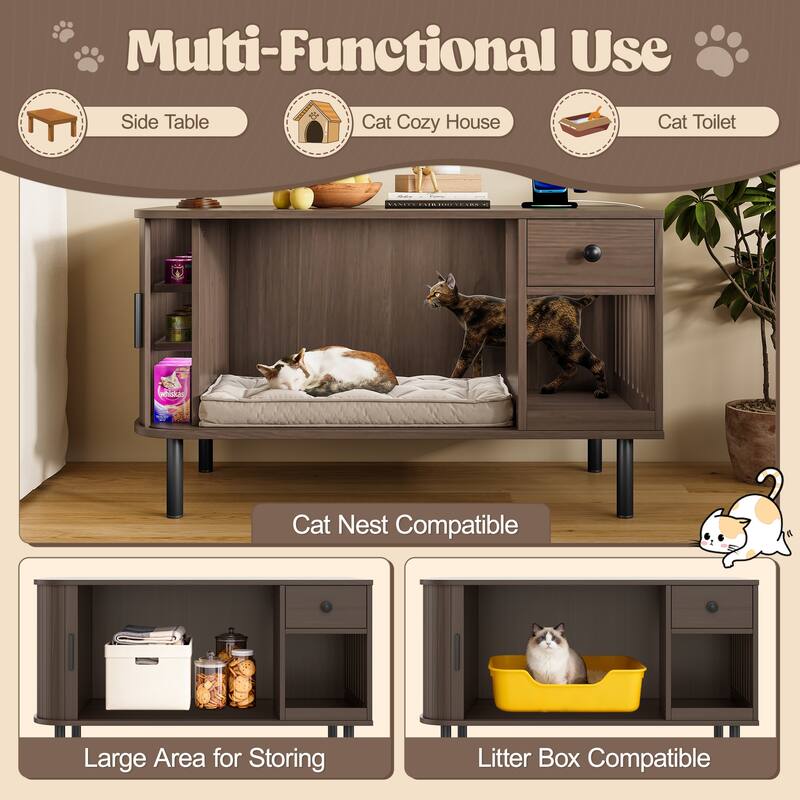 37.4" Cat Litter Box Enclosure with Sliding Door, Hidden Litter Box Enclosure Furniture with Storage Drawer and Charging Statio