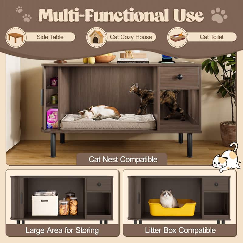Anmytek Inch Cat Litter Box Enclosure Sliding Door Storage Drawer Charging Station Brown Modern