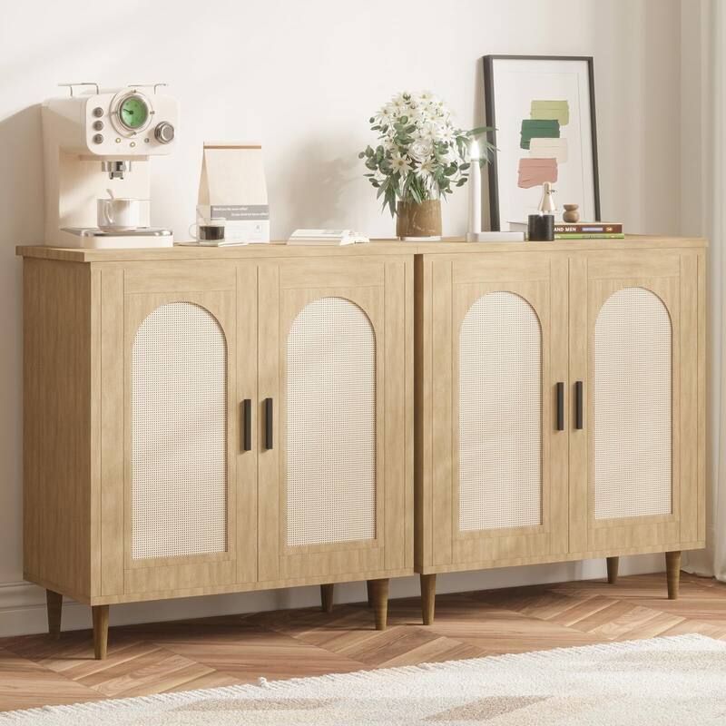 Sideboard Buffet Kitchen Storage Cabinet with Rattan, Solid Wood Feet for Living Room