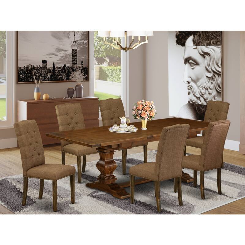 7-Piece Dining Set - Linen Fabric Chairs & Pedestal Table - Antique Walnut Finish - Kitchen Dining Room Set - 92