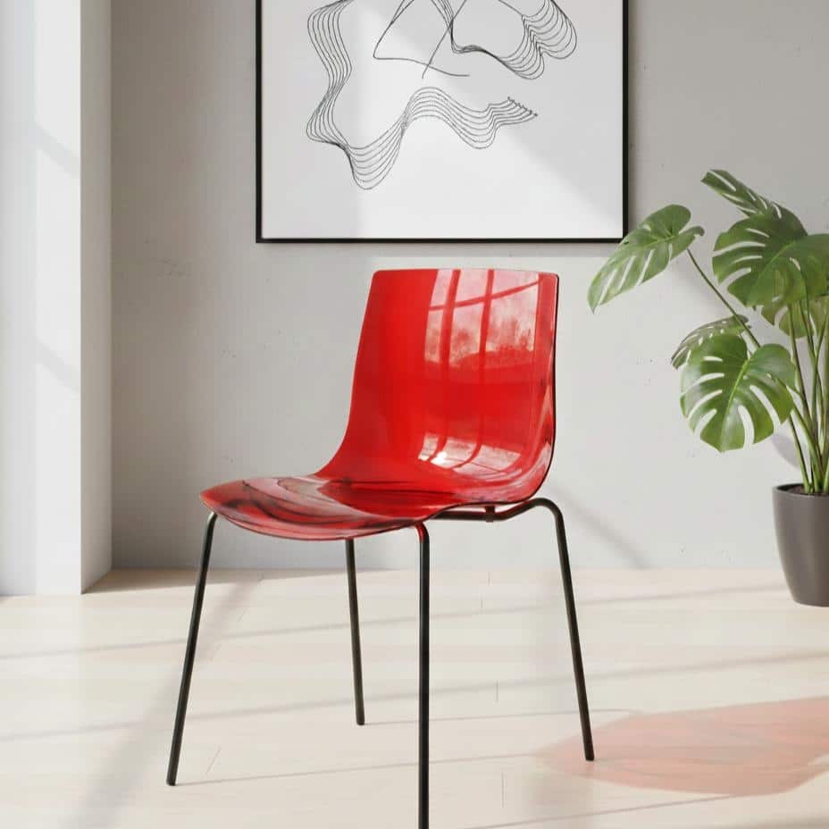 Astor Modern Minimalist Transparent Dining Chair with Black Metal Legs and Ripple Design Accent Side Chair for Indoor & Outdoor