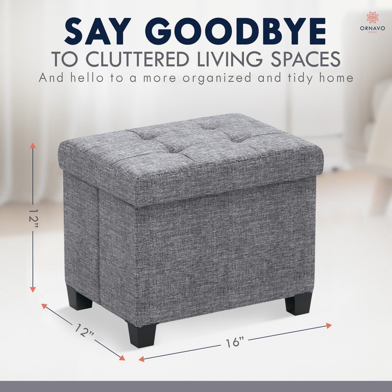Ornavo Home Collapsible Rectangle Small Storage Ottoman with Legs - 12" x 16" x 12"