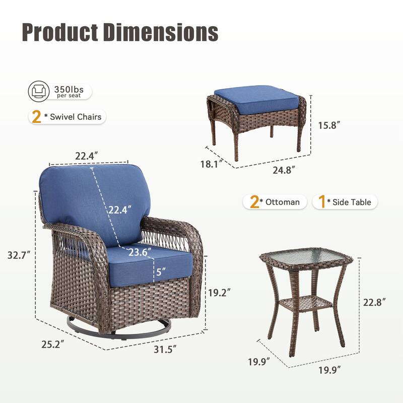 Pocassy Patio Outdoor Sofa Ottoman with Swivel Chair Table