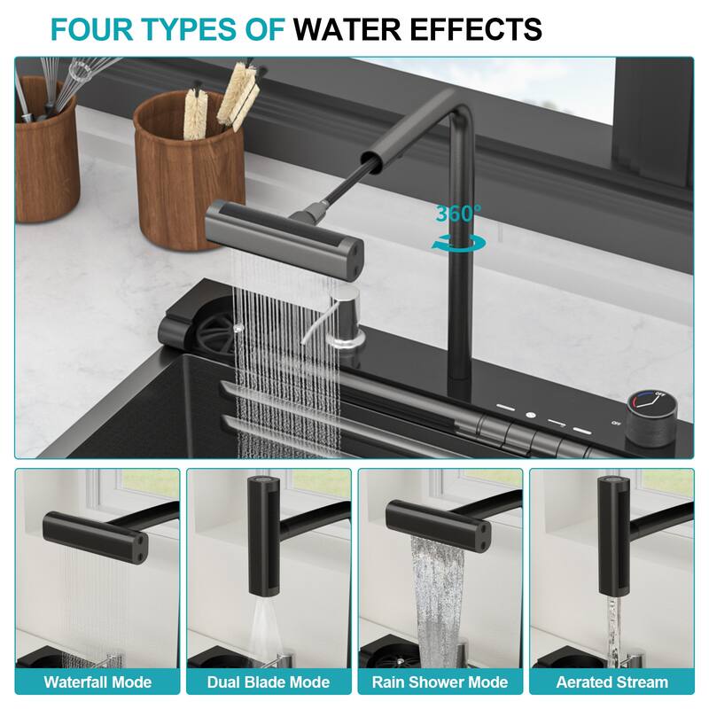 30" Drop-In 16 Gauge Single Bowl Stainless Steel Smart Digital Kitchen Sink with Faucet in Gunmetal Black - 30'' x 19'' x 9''