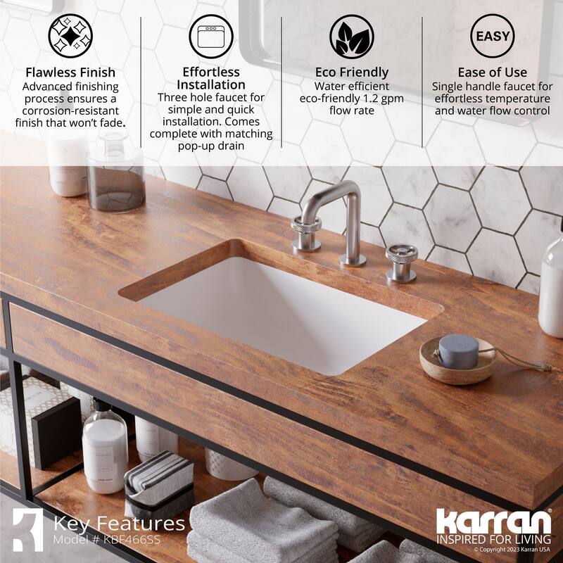 Karran Tryst KBF466 Wheel 2-Handle Three Hole Widespread Bathroom Faucet with Matching Pop-up Drain