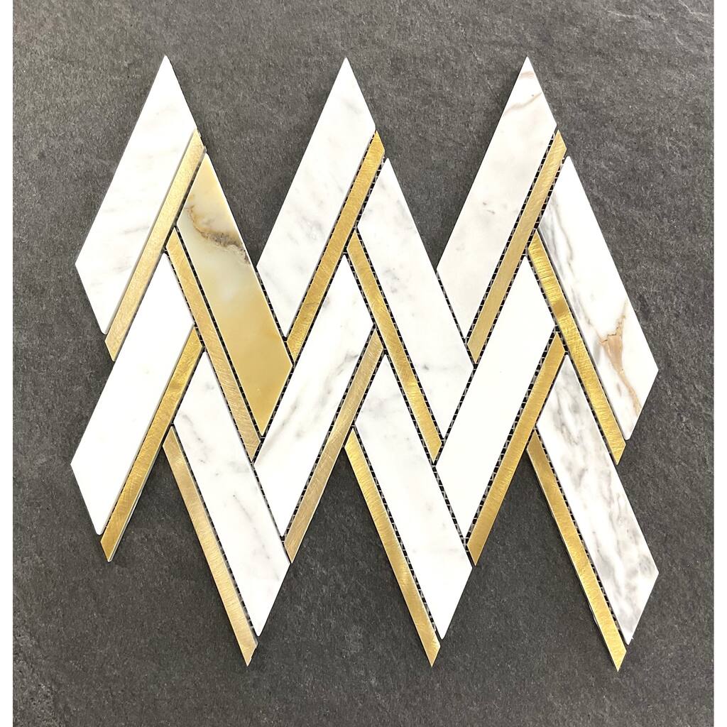 Harringbone Marble & Gold Metal Mosaic Tiles