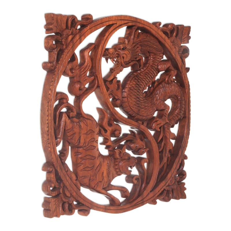 Novica Handmade Tiger And Dragon Wood Wall Relief