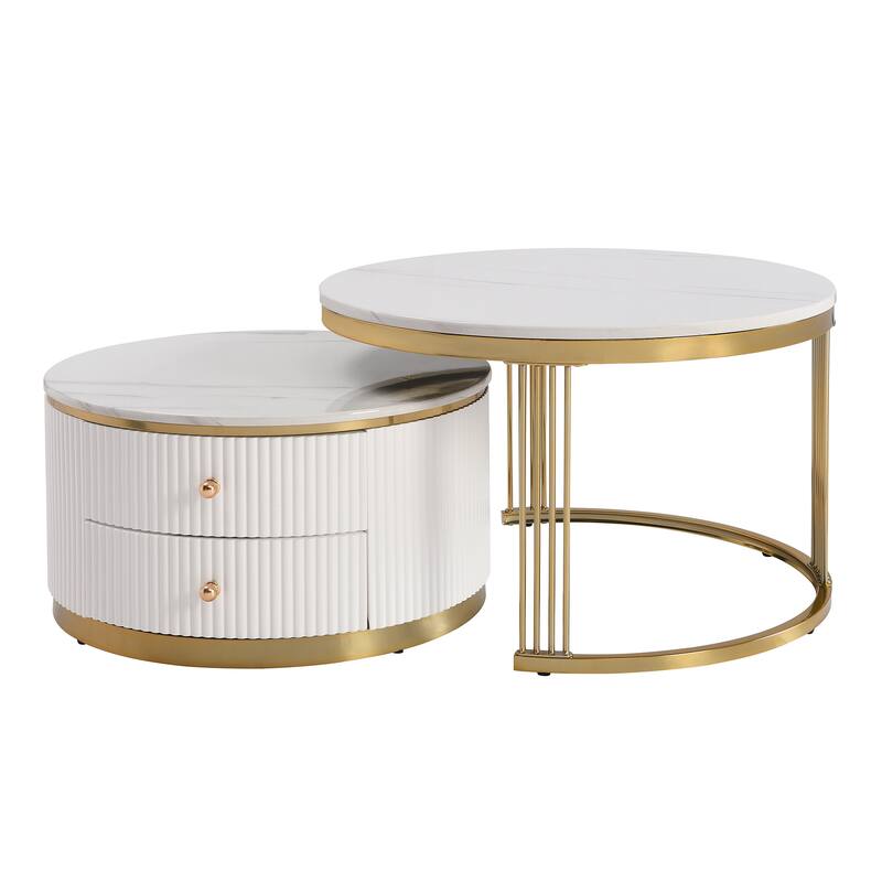 Modern 2 Pieces White Round Nesting Coffee Table with Drawers in 27.6''