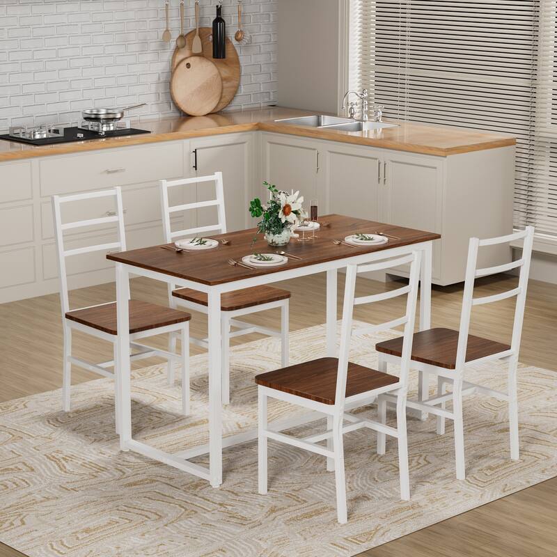 Dining Table Set for 4, Wood Kitchen Table Chairs Set, Space-Saving Design, Modern 5-Piece Dinette Set - Brown+White
