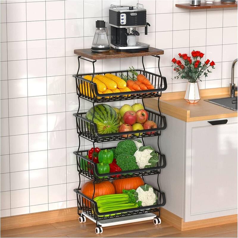 5/6-Tier Stackable Fruit Basket, Rolling Metal Cart with Wheels