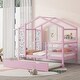preview thumbnail 1 of 41, Twin Size Solid Wood House Bed with Trundle, Fence and Writing Board for Kids, Boys and Girls, Bedroom Twin - Pink