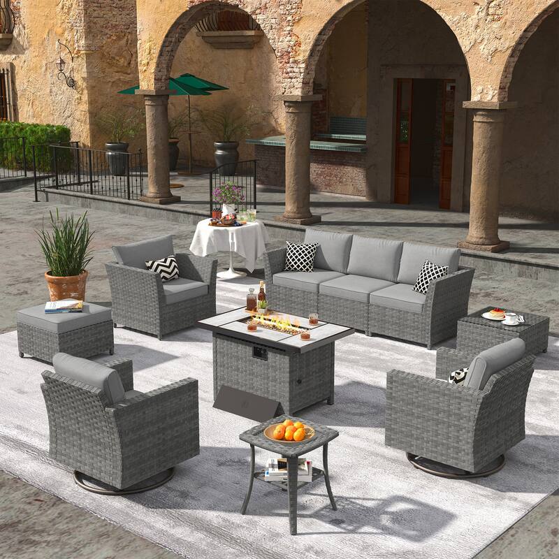 XIZZI 10-piece Outdoor Furniture Set Swivel Rocking Chair with Fire Pit - Dark Grey