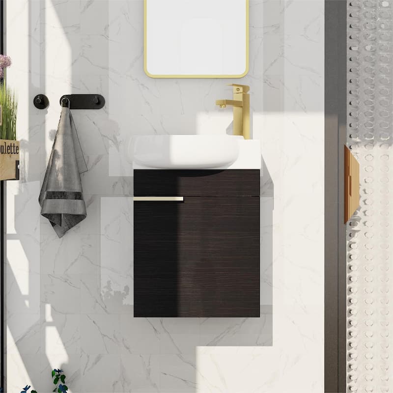 Bathroom Vanity With Sink In 16/18/23 Inch, Floating/Freestanding Bathroom Vanity With Soft Close Door - 16.8"W-Ceramic Sink（Assembly Required） - Black Chestnut