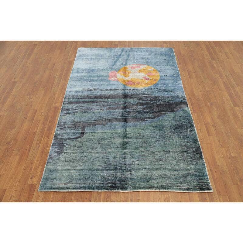 Hand Knotted Oriental Viscose Silk Carpet Modern Pictorial Navy Blue & Blues Abstract Area Rug - 8' 0'' X 5' 0''