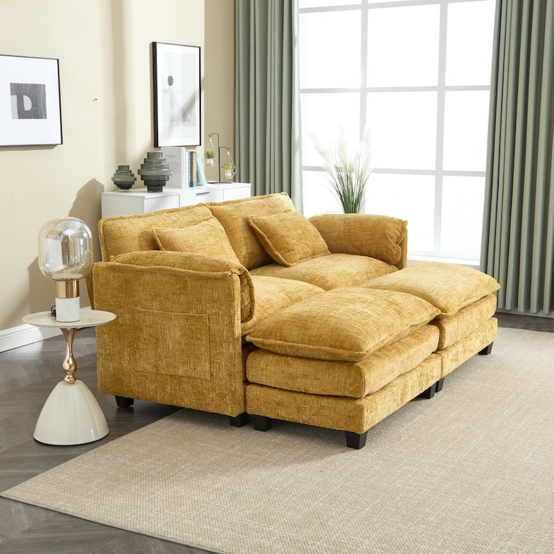 Chenille Fabric Loveseat Sofa Couch with 2 Ottomans and Side Pockets