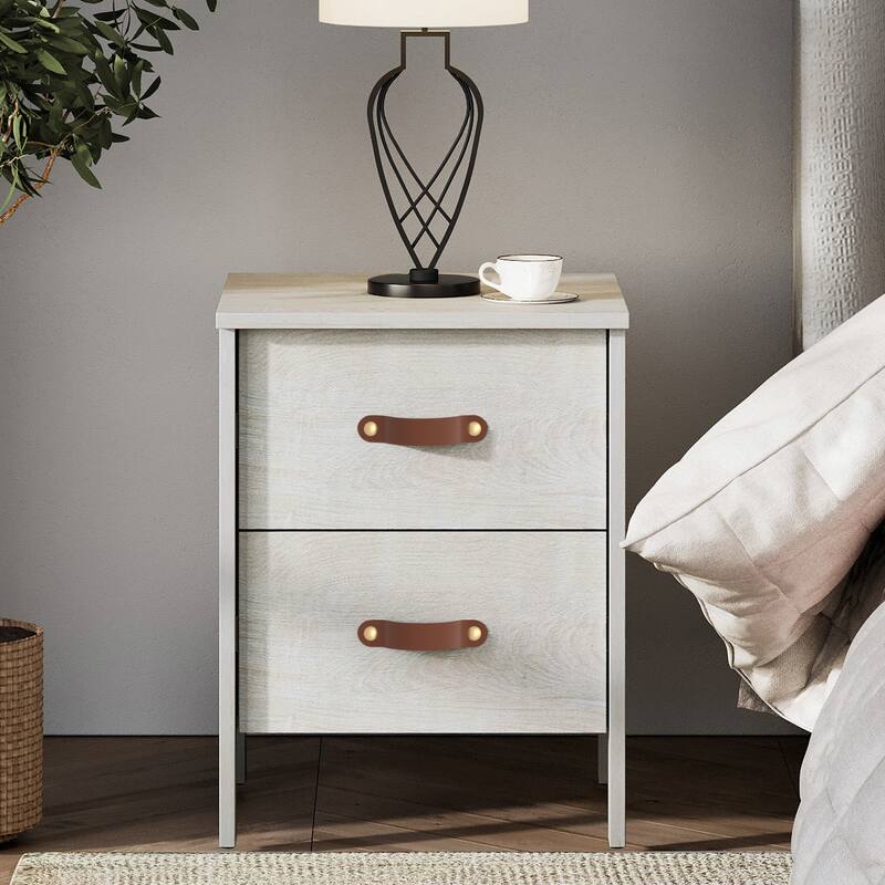 WAMPAT White Nightstand with Charging Station,Bedside Table with 2 Drawer，Set 2