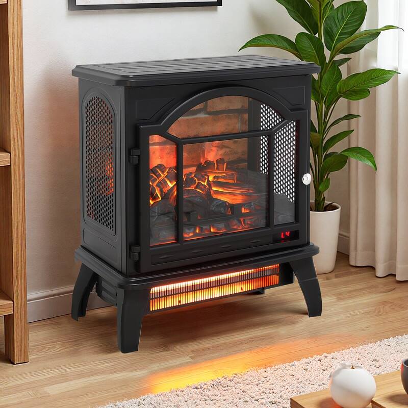 17/18/26 inch Freestanding Electric Fireplace Stove Heater with 3D Flame Effect 12H Timer Infrared Remote Control,Black/Brown - Black - 18 inch