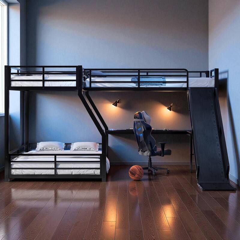 L-Shaped Metal Triple Bunk Bed with Slide & USB, Twin XL over Queen/Twin over Full with Loft, Noise-Free, Black - Black - Full
