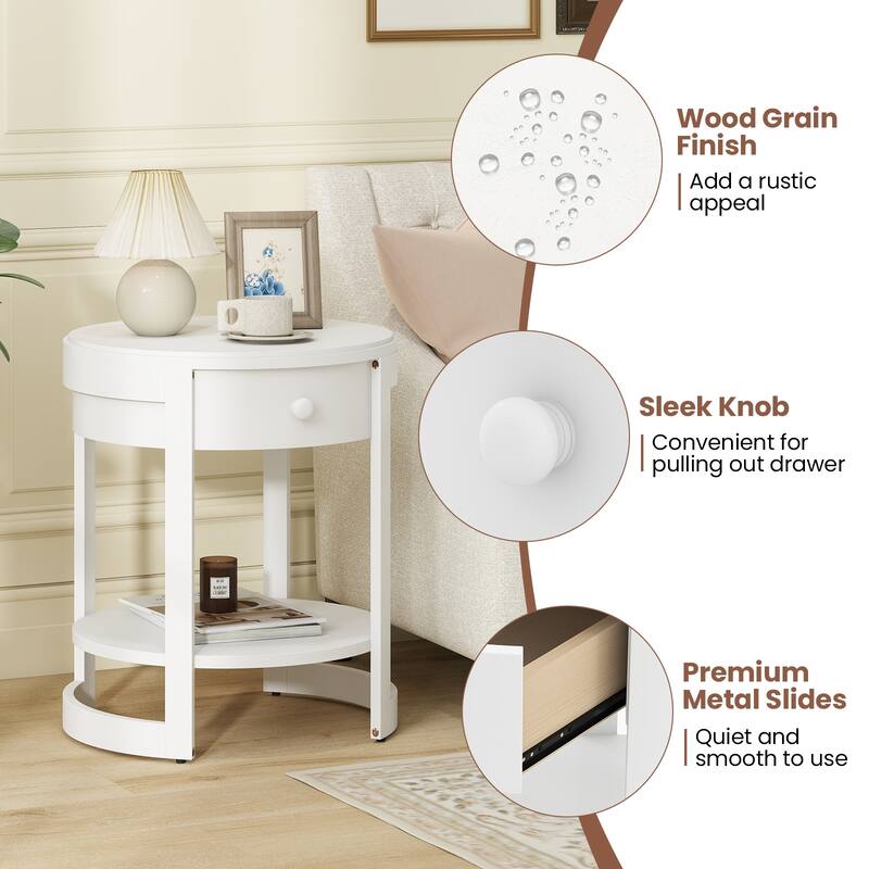 Gymax 2-Tier Nightstand w/ Shelf & Wood Grains Drawer Round End Table