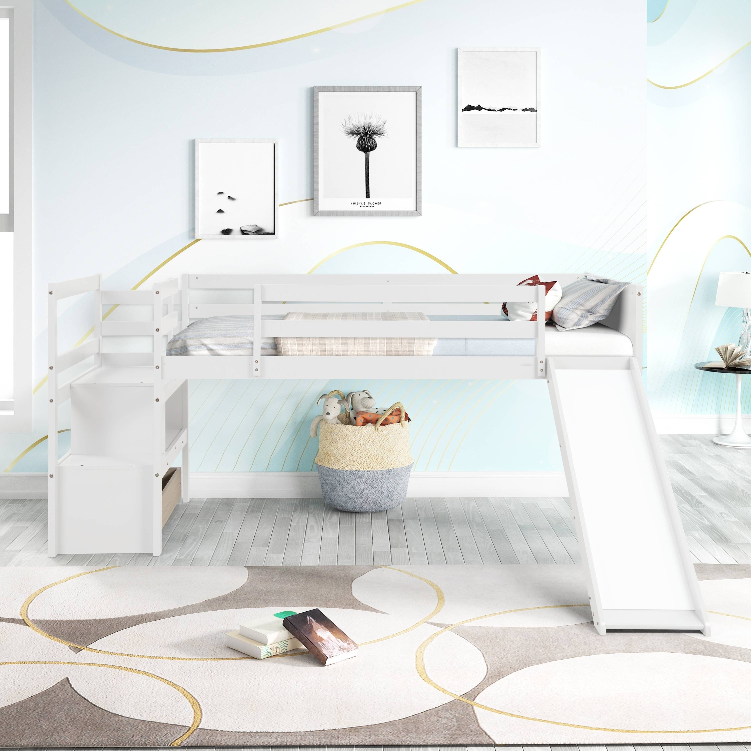Sturdy and Safe Twin Low Loft Bed with Stairs and Slide Bed Bath