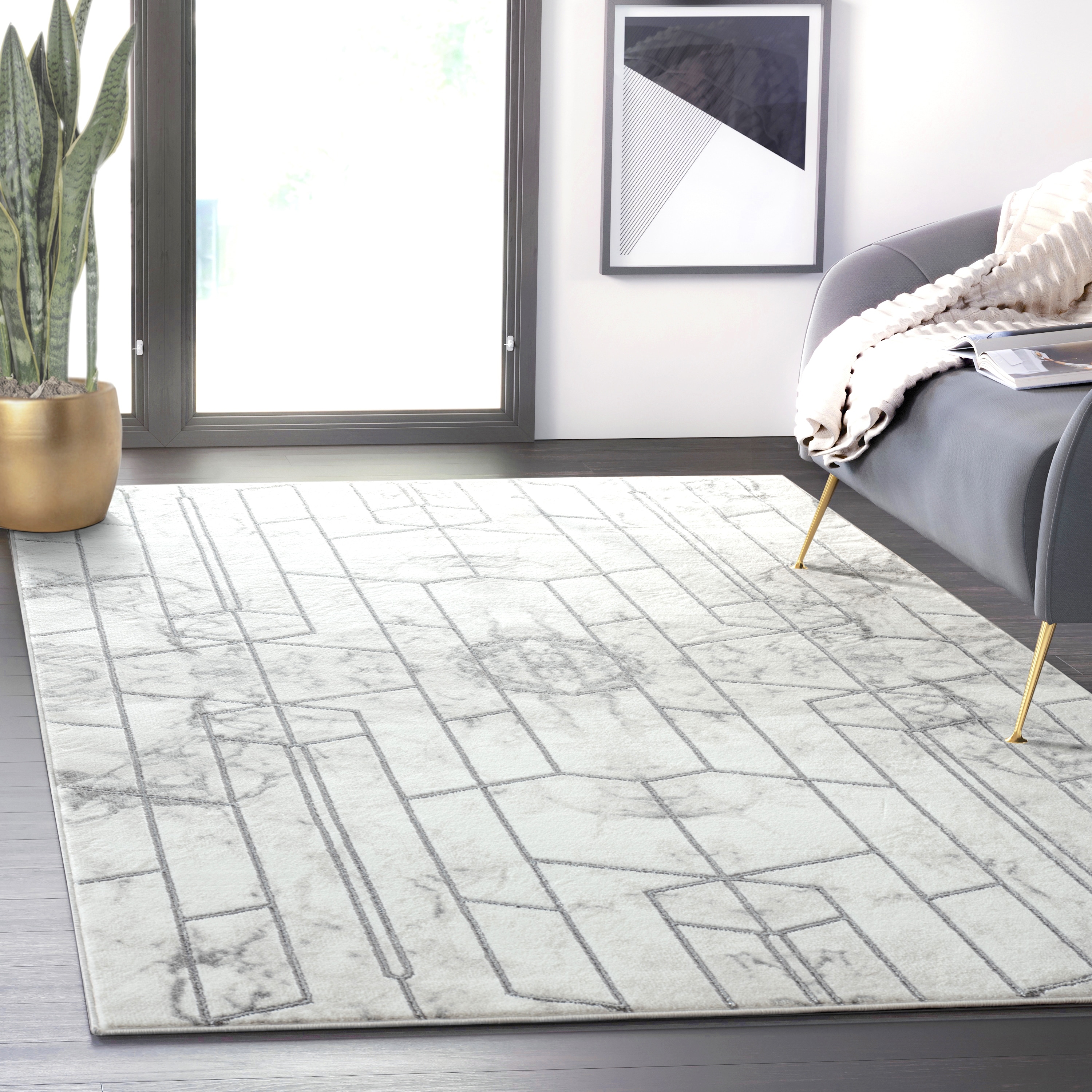 Abani Luna Marble Silver Geometric Lines