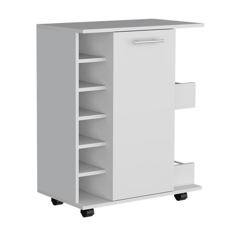White 4-wheel bar cart cabinet for kitchen or living room, with 6 side built-in bottle racks, 1 interior shelve, 2 side shelves