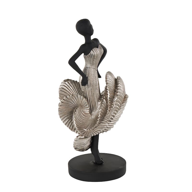 Black Polyresin Dancer Decorative Sculpture with Silver Dress - 6"W x 6"L x 14"H