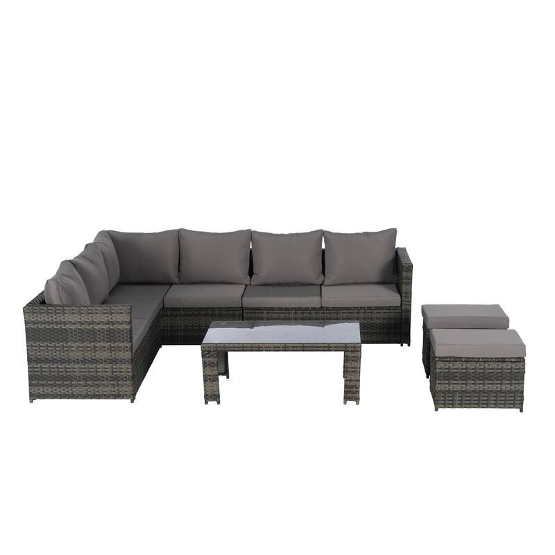6-Piece Outdoor Patio Rattan Conversation Sectional Sofa Set with Tempered Glass Coffee Table