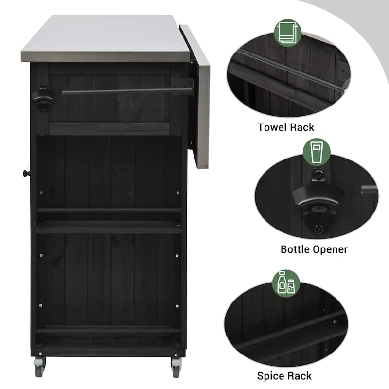 Roomfitters Outdoor Fir Wood Kitchen Island with Stainless Steel Top Towel & Spice Racks Bottle Opener
