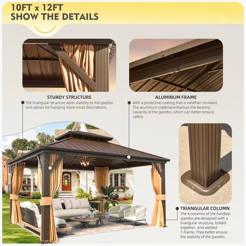 Erommy Hardtop Gazebo with Galvanized Steel Double Roof & Aluminum Frame, Outdoor Gazebo with Curtains and Nettings